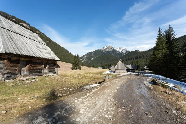 Drewniane chaty w dolinie Chochołowskiej w wiosnę, Tatry, Polska — Zdjęcie stockowe