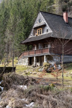 Bahar, Tatra Dağları, Polonya Chocholowska Vadisi'nde ahşap kulübeler