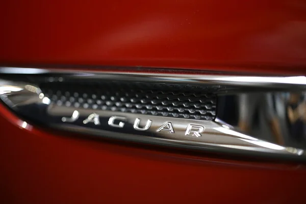 Jaguar logo metálico primer plano en el coche Jaguar — Foto de Stock