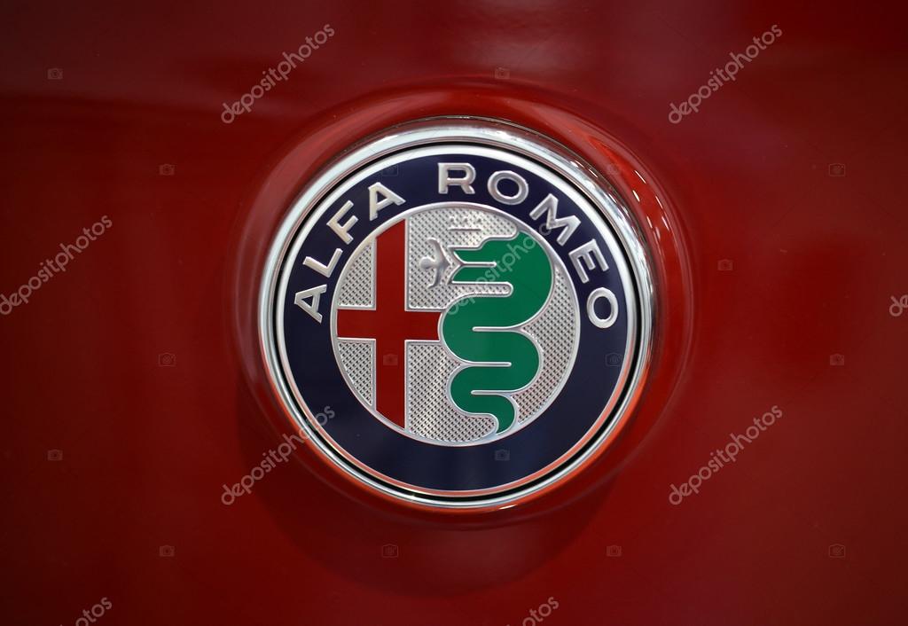 CRACOW, POLAND - MAY 21, 2016: Alfa Romeo metallic logo closeup on Alfa Romeo car displayed at 3rd edition of MOTO SHOW in Cracow Poland. Exhibitors present  most interesting aspects of the automotive industry