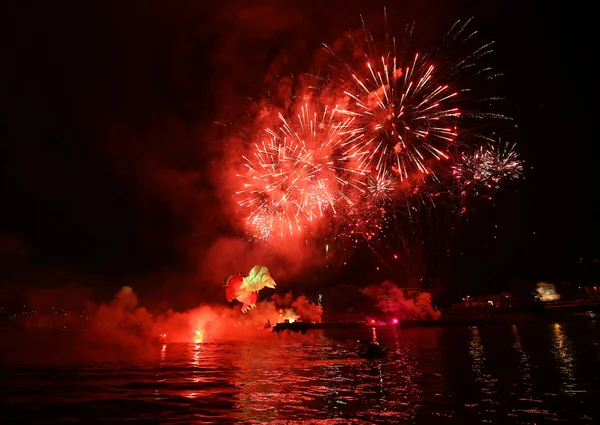 Yearly Great Dragons Parade connected with the fireworks display, taking place on the river Vistula at Wawel. Cracow , Poland