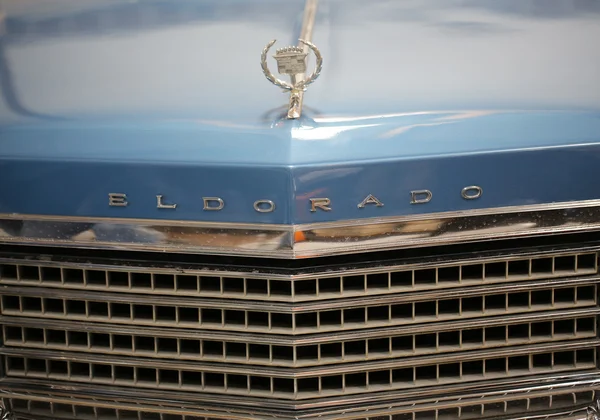 Cadillac metallic logo closeup on Cadillac  car displayed at 3rd edition of MOTO SHOW in Cracow Poland. Exhibitors present  most interesting aspects of the automotive industry — Stock Photo, Image