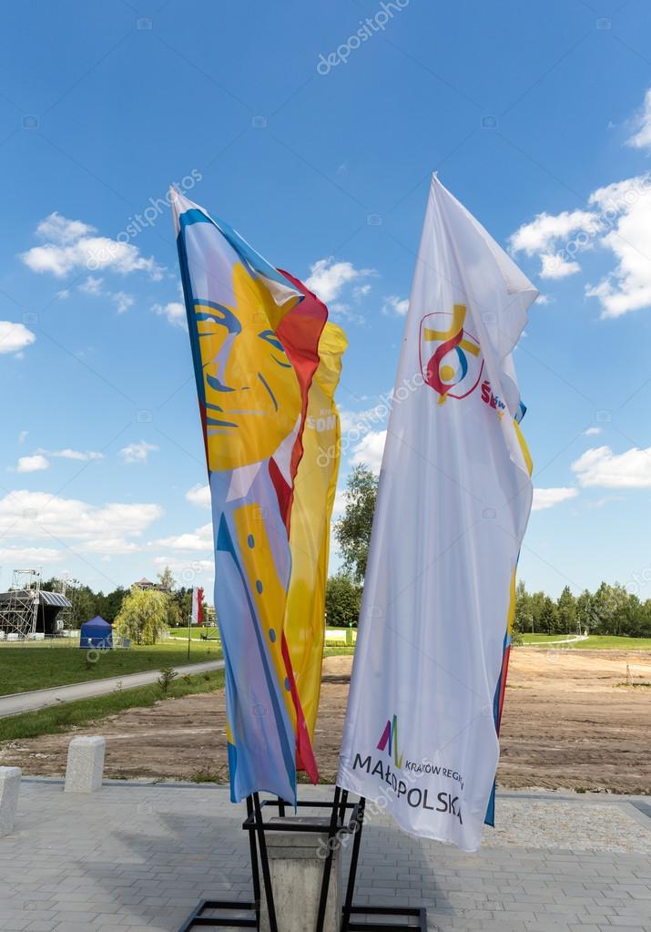 CRACOW, POLAND - JULY 22, 2016: Flags of World Youth Day 2016 in the Centre of Pope John Paul II in Lagiewniki. Cracow. Poland