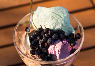 Kase rustik ahşap arka plan üzerinde yaban mersini ile dondurma