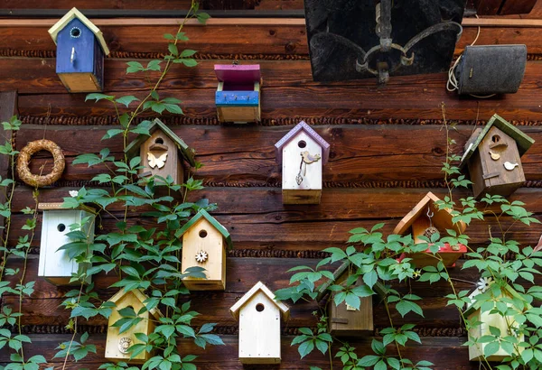 Alte Dekorative Vogelfutterhäuschen Und Hölzerne Vogelhäuschen — Stockfoto