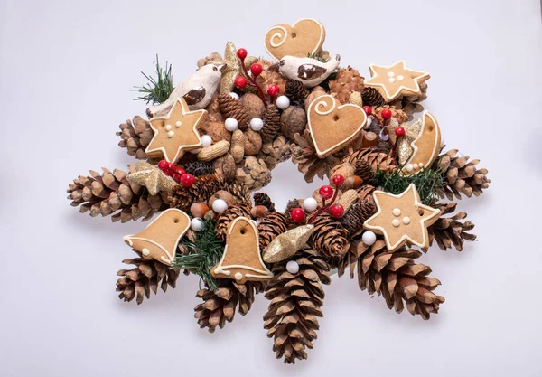 Christmas Decorations Pine Cones Nuts Handmade Christmas Cookies — Stock Photo, Image