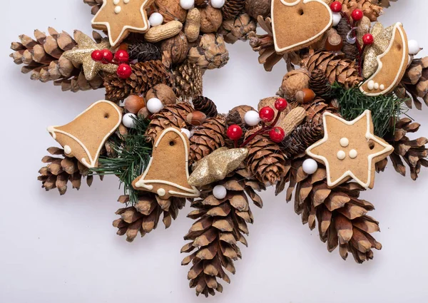 Christmas Decorations Pine Cones Nuts Handmade Christmas Cookies — Stock Photo, Image