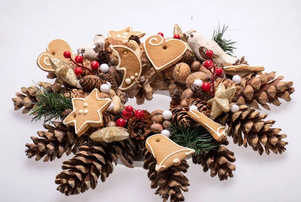 Christmas Decorations Pine Cones Nuts Handmade Christmas Cookies — Stock Photo, Image