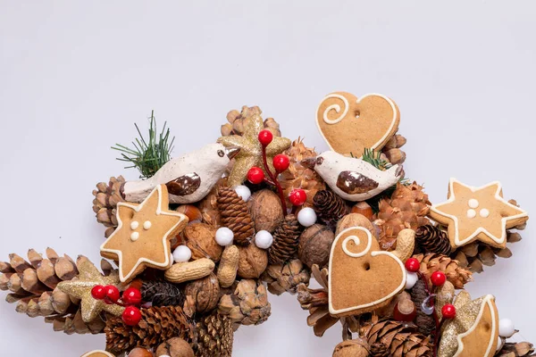 Christmas Decorations Pine Cones Nuts Handmade Christmas Cookies — Stock Photo, Image