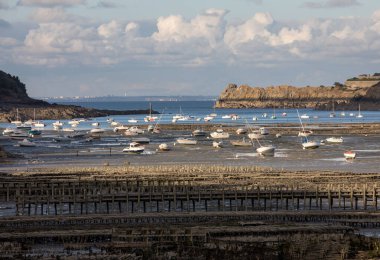 Cancale 'in ünlü istiridye üretim kasabası Brittany, Fransa' da sahilde karada kayıklar.,