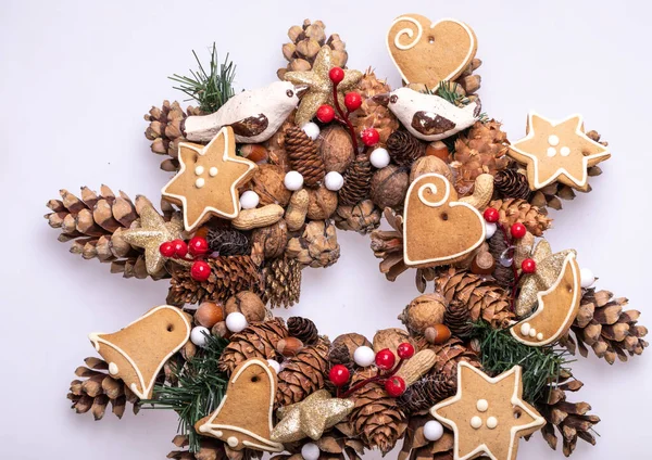 Christmas Decorations Pine Cones Nuts Handmade Christmas Cookies — Stock Photo, Image