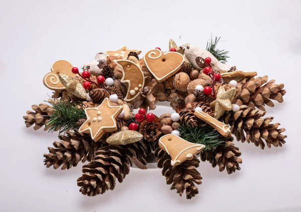 Christmas Decorations Pine Cones Nuts Handmade Christmas Cookies — Stock Photo, Image