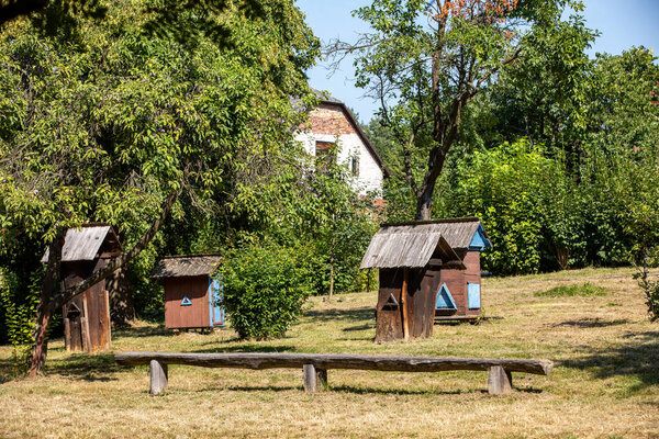 An apiary with old wooden hives in a rural garden
