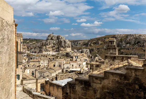 Pohled Sassi Matera Historickou Čtvrť Městě Matera Známé Pro Své — Stock fotografie