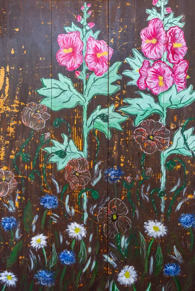 Ręcznie Malowane Kolorowe Kwiaty Starych Drewnianych Drzwiach — Zdjęcie stockowe