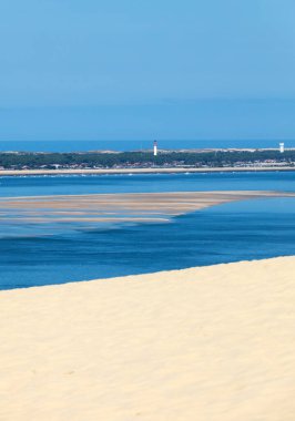 Avrupa 'nın en uzun kum tepeciği olan Pilat Kumulundan bir görüntü. La Teste-de-Buch, Arcachon Körfezi, Aquitaine, Fransa 