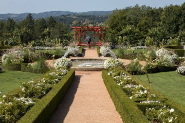 Dordogne 'daki Jardins du Manoir d Eyrignac' da beyaz bahçe. Fransa 