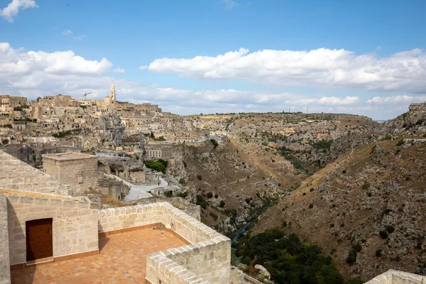 Pohled Sassi Matera Historickou Čtvrť Městě Matera Známé Pro Své — Stock fotografie