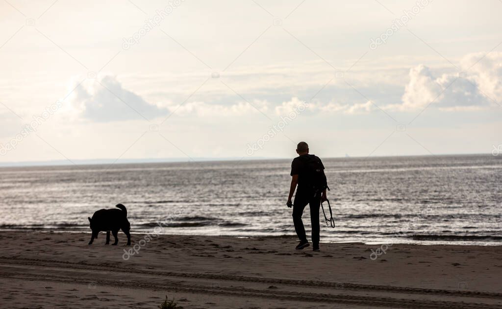 Man walking his dog along the beach