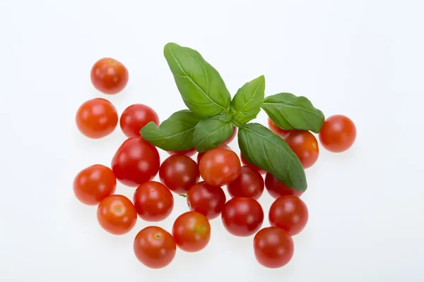 Tomates cherry frescos con albahaca, sobre fondo blanco — Foto de Stock