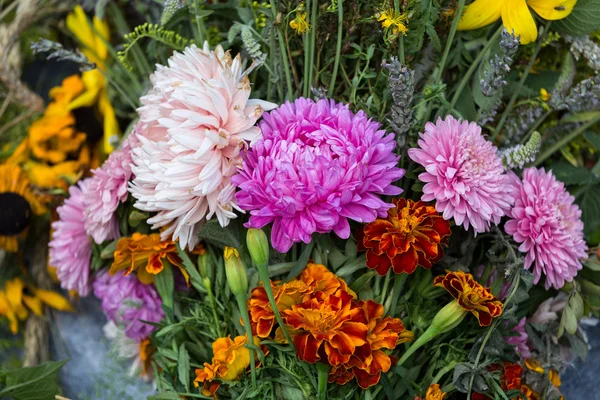 Vakre buketter med blomster og urter – stockfoto