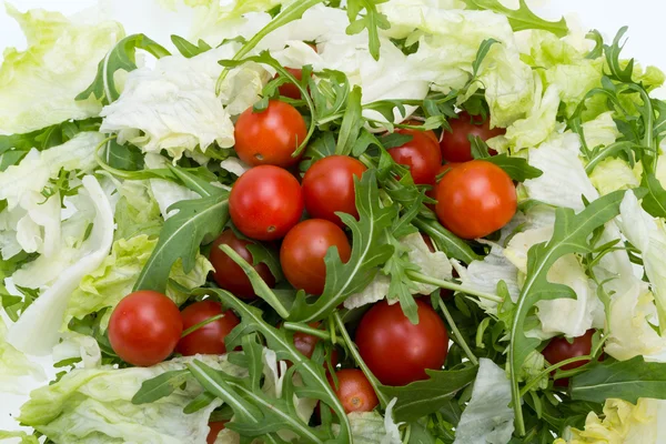 Montón de ruccola, hojas de lechuga y tomates cherry — Foto de Stock