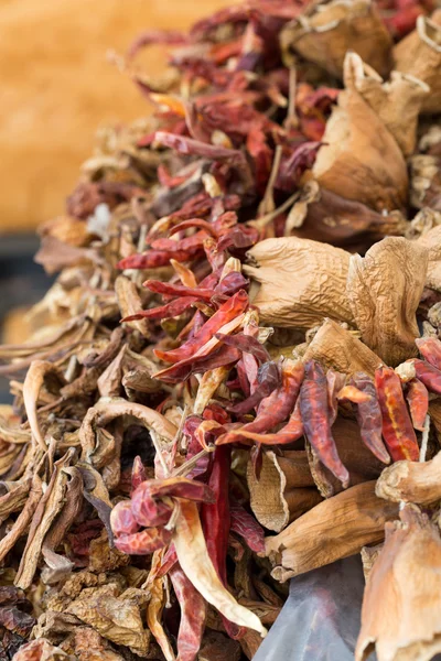 Paprika hängde på tork i la boqueria marknaden barcelona — Stockfoto