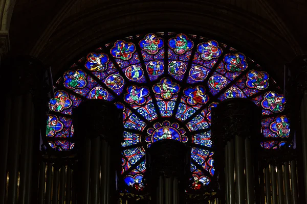 Varhany a západ okno uvnitř katedrály Notre Dame, — Stock fotografie