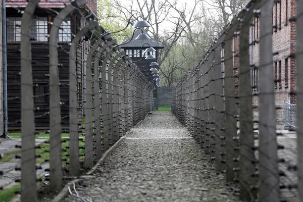 Recinzione elettrica nell'ex campo di concentramento nazista Auschwitz I, Polonia — Foto Stock