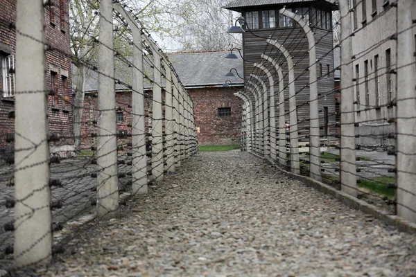 Cerca elétrica no antigo campo de concentração nazista Auschwitz I, Polônia — Fotografia de Stock