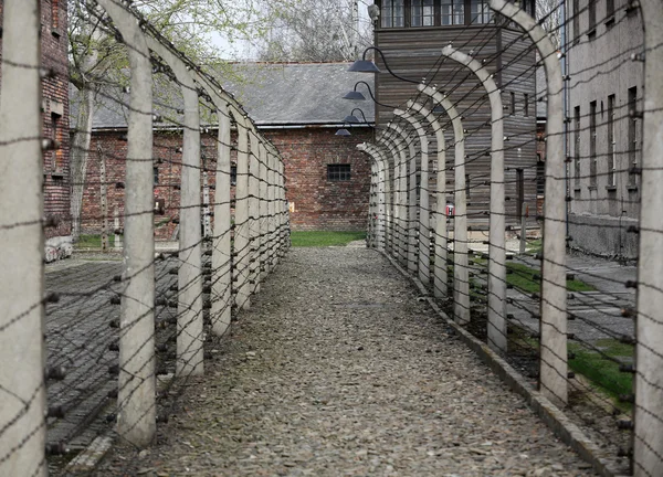 Cerca elétrica no antigo campo de concentração nazista Auschwitz I, Polônia — Fotografia de Stock