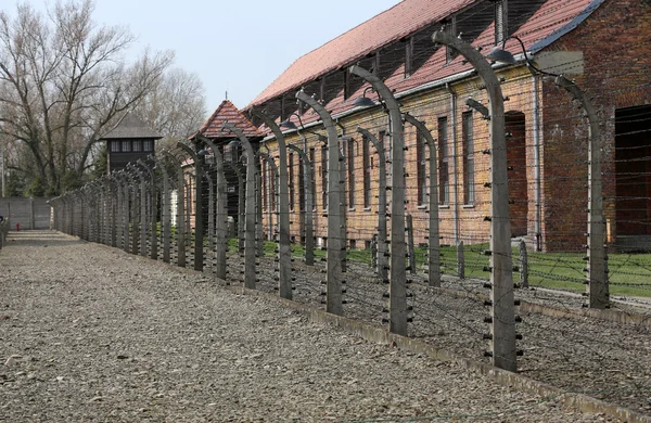 Recinzione elettrica nell'ex campo di concentramento nazista Auschwitz I, Polonia — Foto Stock