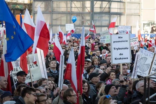 Cracow, Main Square - The demonstration of the Committee of the Protection of Democracy / KOD/ — стокове фото