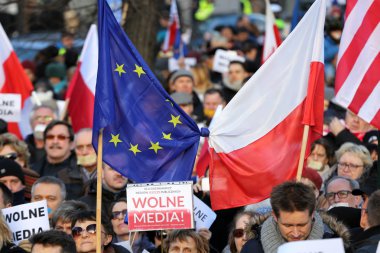 The demonstration of the Committee of the Defence  of the Democracy  KOD  for free media /wolne media/ and democracy against PIS government. Cracow , Poland