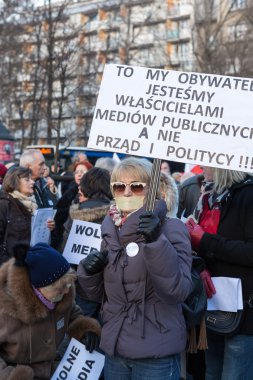 The demonstration of the Committee of the Defence  of the Democracy  KOD  for free media /wolne media/ and democracy against PIS government. Cracow , Poland