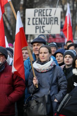 The demonstration of the Committee of the Defence  of the Democracy  KOD  for free media /wolne media/ and democracy against PIS government. Cracow , Poland
