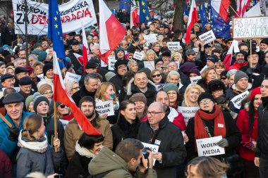 The demonstration of the Committee of the Defence  of the Democracy  KOD  for free media /wolne media/ and democracy against PIS government. Cracow , Poland