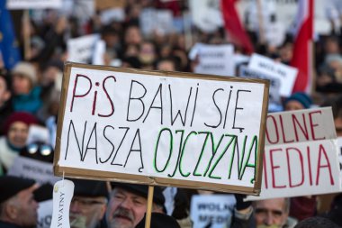 The demonstration of the Committee of the Defence  of the Democracy  KOD  for free media /wolne media/ and democracy against PIS government. Cracow , Poland