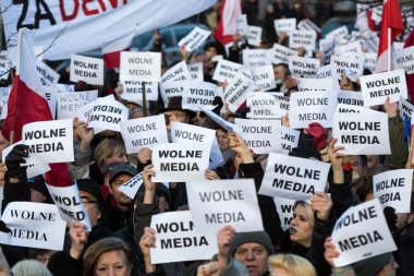 The demonstration of the Committee of the Defence  of the Democracy  KOD  for free media /wolne media/ and democracy against PIS government. Cracow , Poland