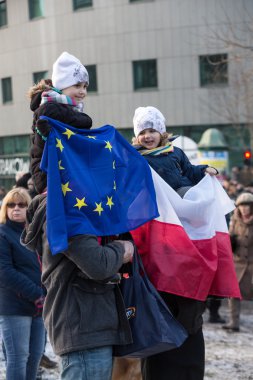 The demonstration of the Committee of the Defence  of the Democracy  KOD  for free media /wolne media/ and democracy against PIS government. Cracow , Poland
