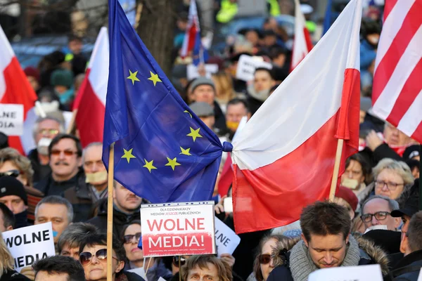 The demonstration of the Committee of the Defence  of the Democracy  KOD  for free media /wolne media/ and democracy against PIS government. Cracow , Poland — ストック写真