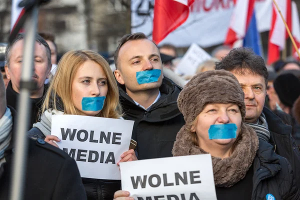 La manifestación del Comité de Defensa de la Democracia KOD por medios libres / medios lobos / y democracia contra el gobierno del PIS. Cracovia, Polonia —  Fotos de Stock