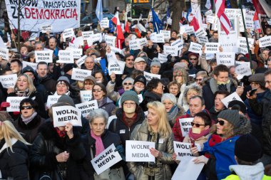 The demonstration of the Committee of the Defence  of the Democracy  KOD  for free media /wolne media/ and democracy against PIS government. Cracow , Poland