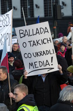 The demonstration of the Committee of the Defence  of the Democracy  KOD  for free media /wolne media/ and democracy against PIS government. Cracow , Poland