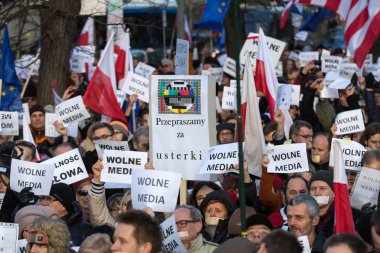 The demonstration of the Committee of the Defence  of the Democracy  KOD  for free media /wolne media/ and democracy against PIS government. Cracow , Poland