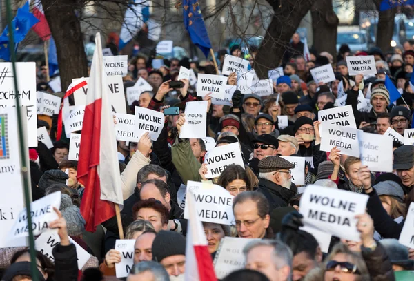 The demonstration of the Committee of the Defence  of the Democracy  KOD  for free media /wolne media/ and democracy against PIS government. Cracow , Poland — стокове фото