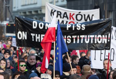 The demonstration of the Committee of the Defence  of the Democracy  KOD  for free media /wolne media/ and democracy against PIS government. Cracow , Poland