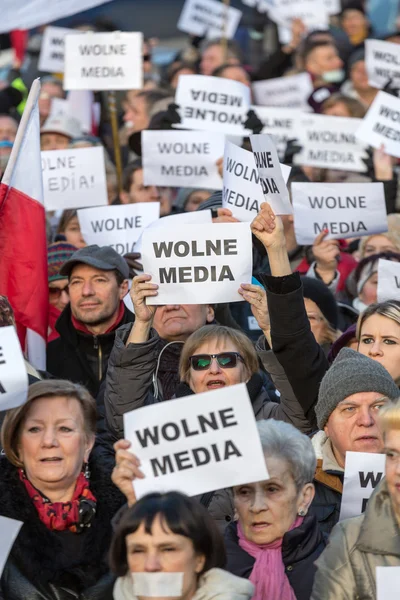 The demonstration of the Committee of the Defence  of the Democracy  KOD  for free media /wolne media/ and democracy against PIS government. Cracow , Poland — ストック写真