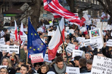 The demonstration of the Committee of the Defence  of the Democracy  KOD  for free media /wolne media/ and democracy against PIS government. Cracow , Poland