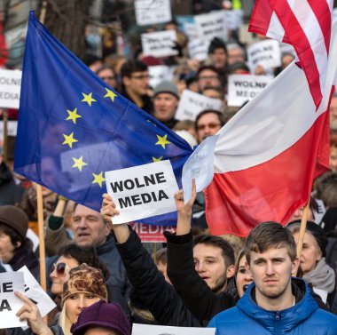 The demonstration of the Committee of the Defence  of the Democracy  KOD  for free media /wolne media/ and democracy against PIS government. Cracow , Poland